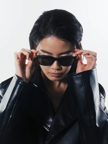 Aura Recycled Acetate Rectangular Sunglasses, Black, hi-res