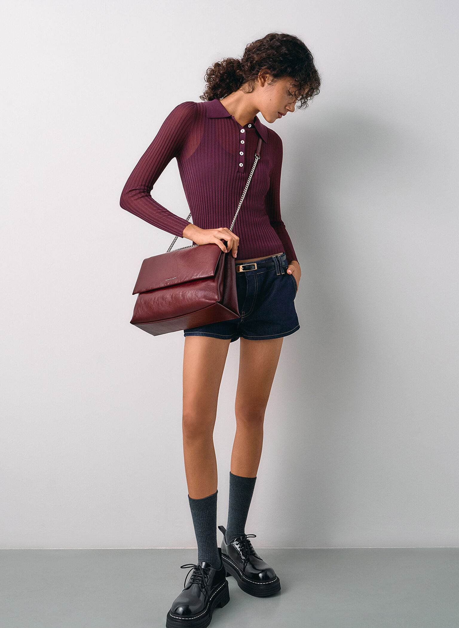 Sianna Chain-Handle Shoulder Bag, Burgundy, hi-res
