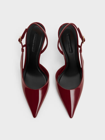Patent Pointed-Toe Sculptural-Heel Slingback Pumps, Red, hi-res