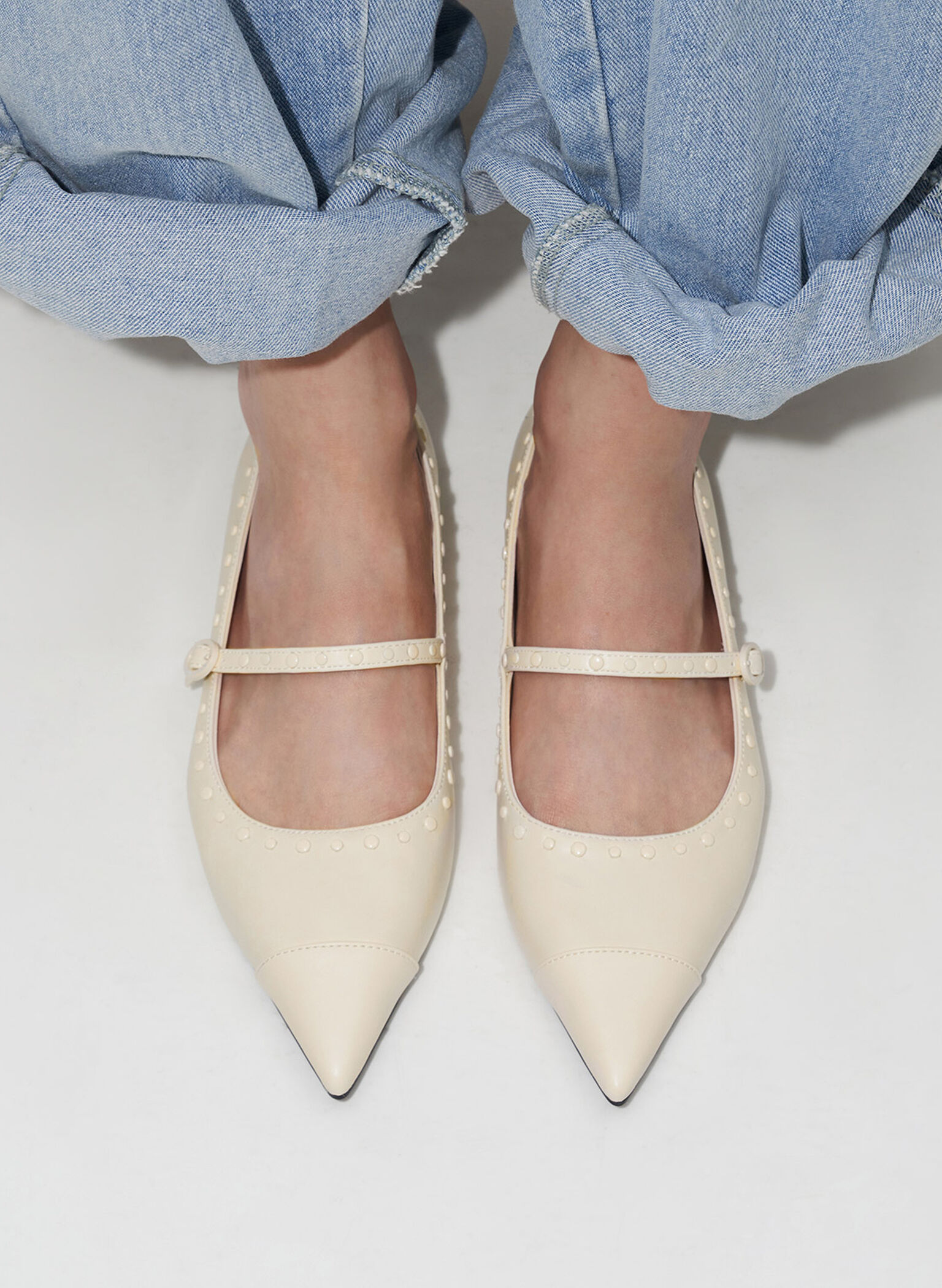 Studded Pointed-Toe Mary Jane Flats, Chalk, hi-res