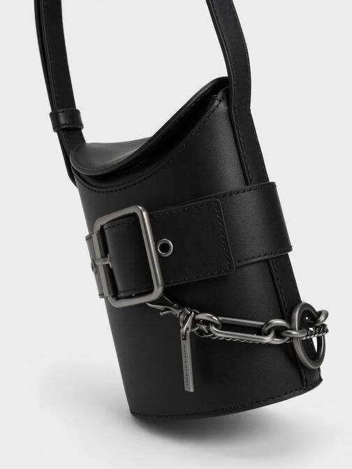 Jules Leather Belted Bucket Bag, Black, hi-res