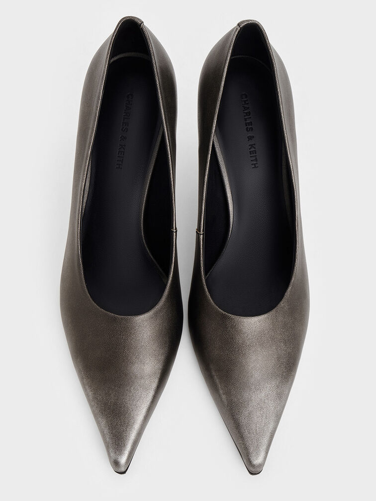 Metallic Pointed-Toe Kitten-Heel Pumps, Silver, hi-res