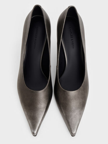 Metallic Pointed-Toe Kitten-Heel Pumps, Silver, hi-res