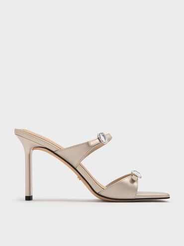 Pearlescent Leather Gem-Buckle Double-Strap Heeled Sandals, Ivory, hi-res