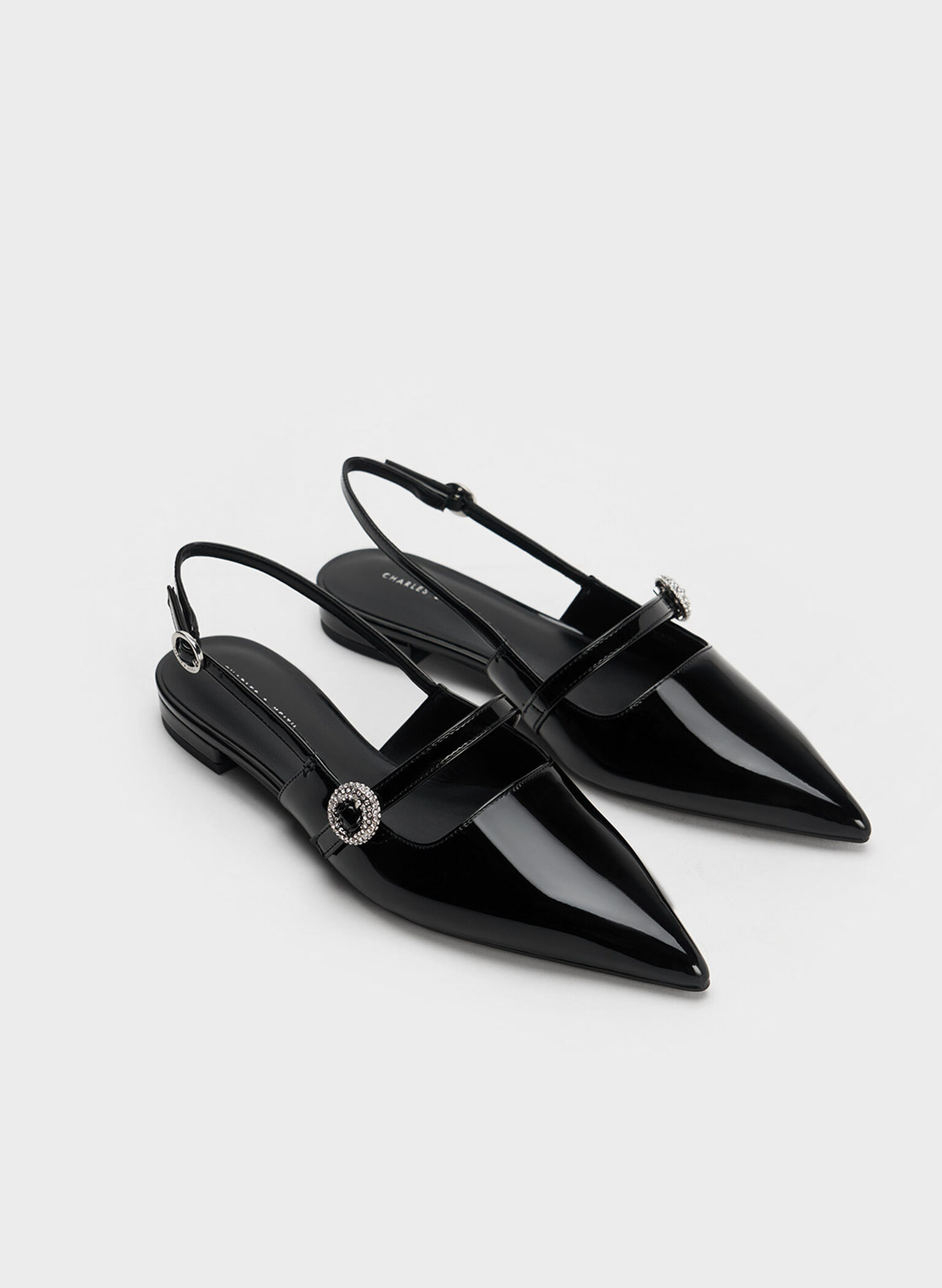 Patent Crystal-Embellished Slingback Flats, Black Patent, hi-res