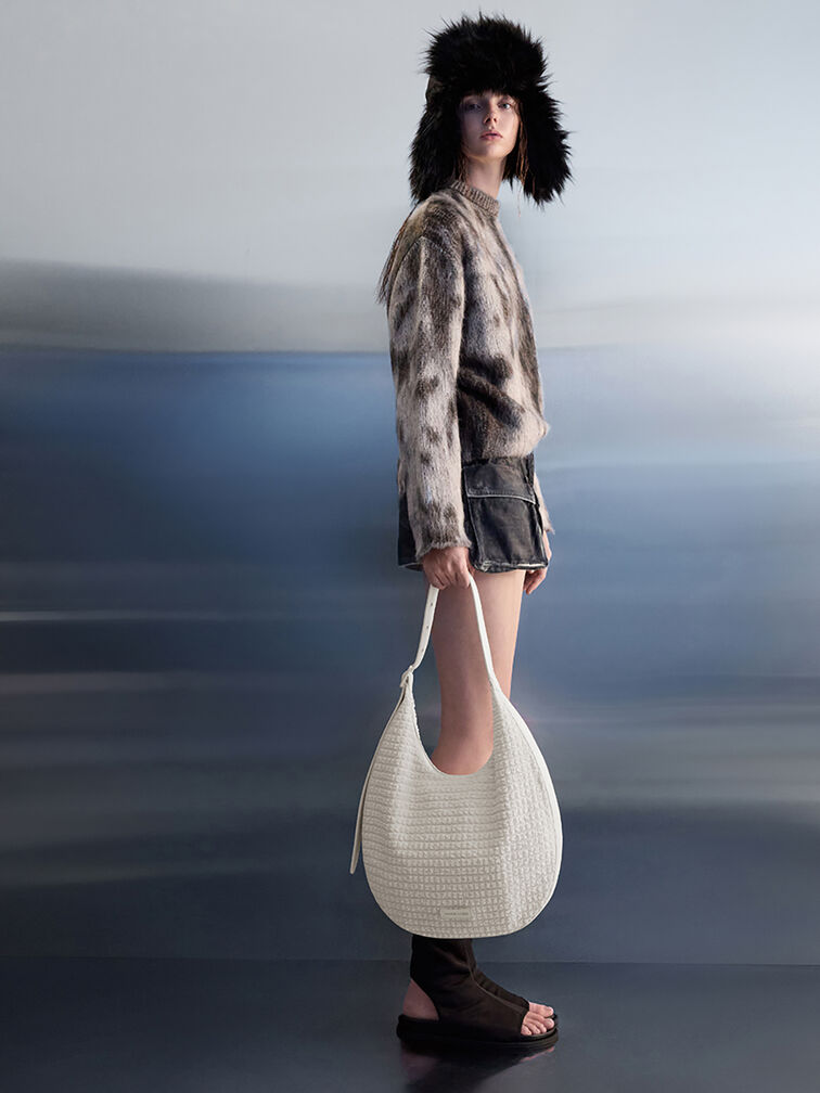Textured Crescent Hobo Bag, Frosted White, hi-res