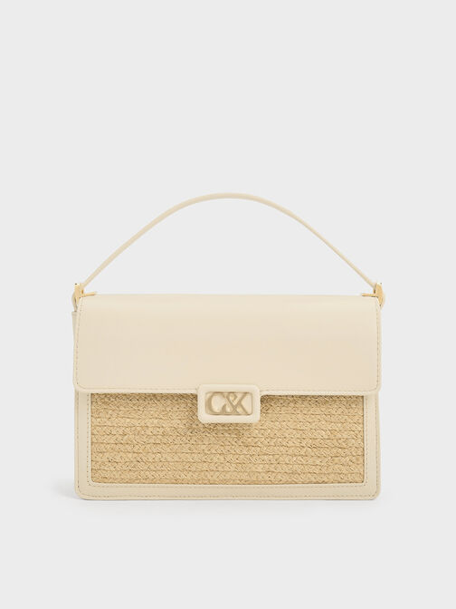Leather & Raffia Shoulder Bag, Beige, hi-res