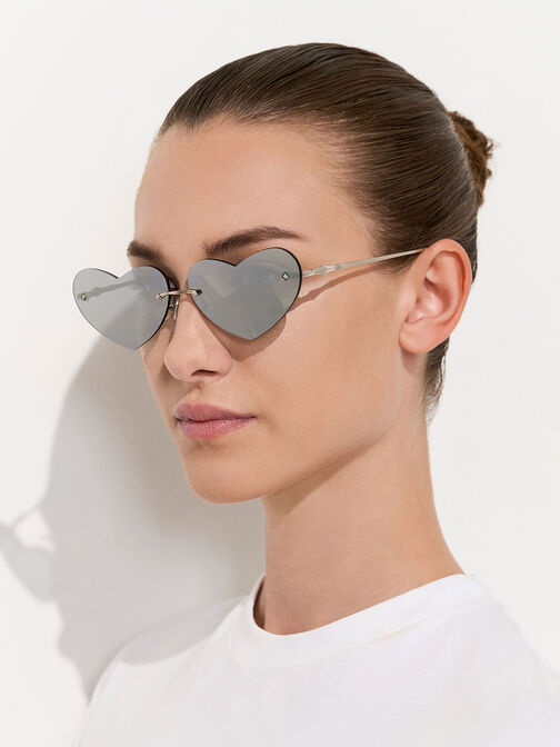 Heart-Shaped Cat-Eye Sunglasses, Silver, hi-res