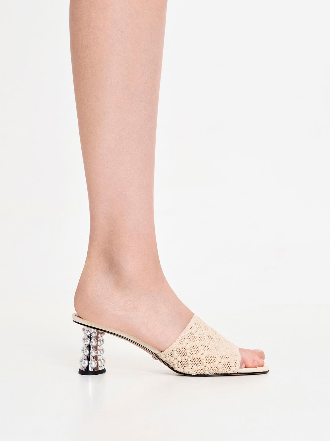 Beaded Heel Crochet Mules Cream