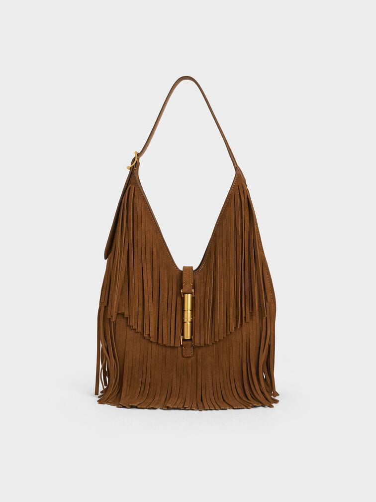 Cesia Recycled Suede Fringed Hobo Bag, Sienna Brown, hi-res