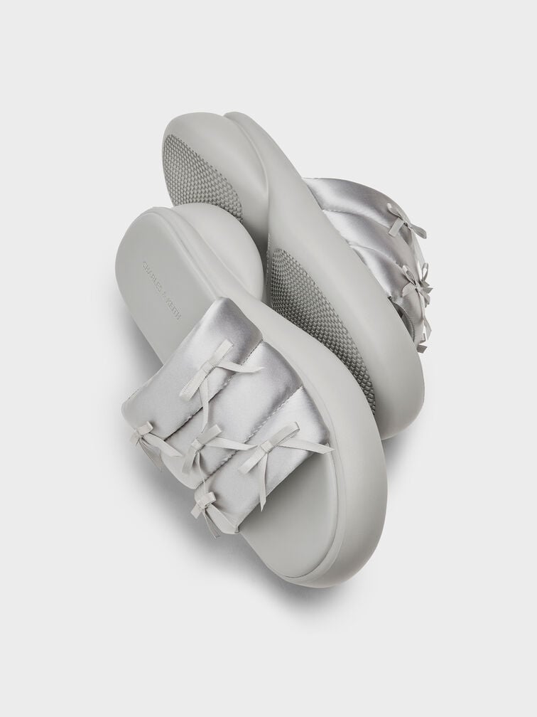 Recycled Polyester Bow Puffy Sports Sandals, Light Grey, hi-res