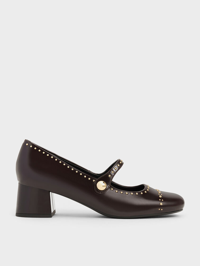 Studded Mary Jane Pumps, Dark Brown, hi-res