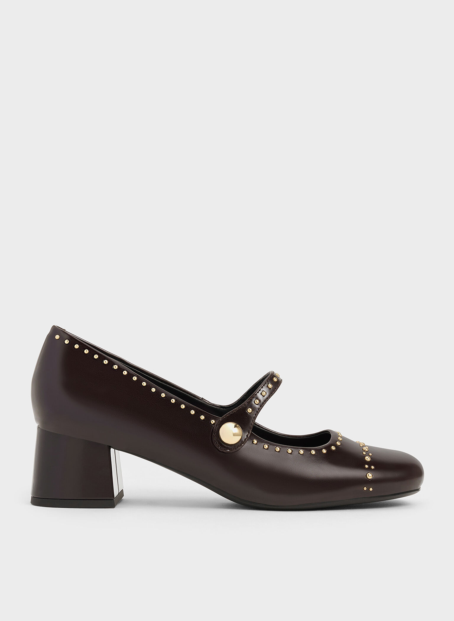 Studded Mary Jane Pumps, Dark Brown, hi-res
