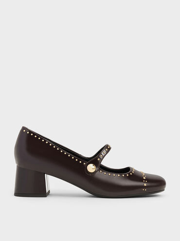 Studded Mary Jane Pumps, Dark Brown, hi-res