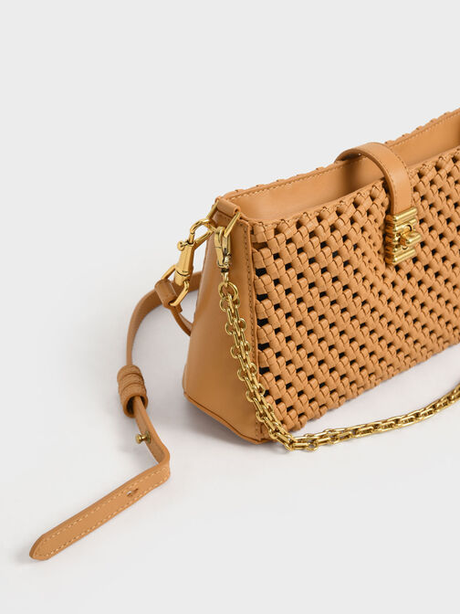 Nova Woven Chain-Handle Shoulder Bag, Orange, hi-res