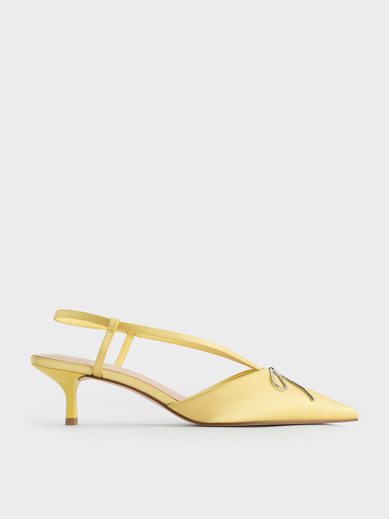 Recycled Polyester Crystal-Bow Kitten-Heel Slingback Pumps, Yellow, hi-res