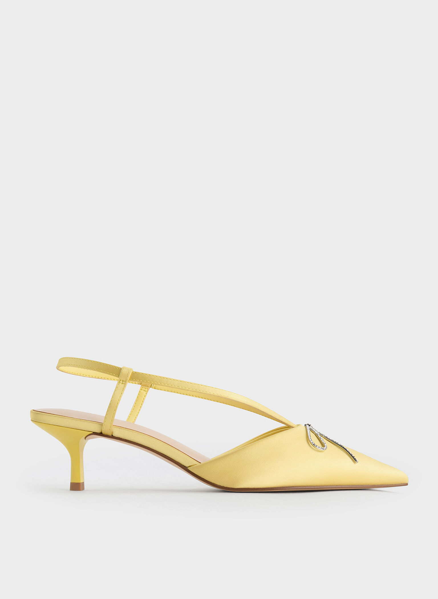 Recycled Polyester Crystal-Bow Kitten-Heel Slingback Pumps, Yellow, hi-res