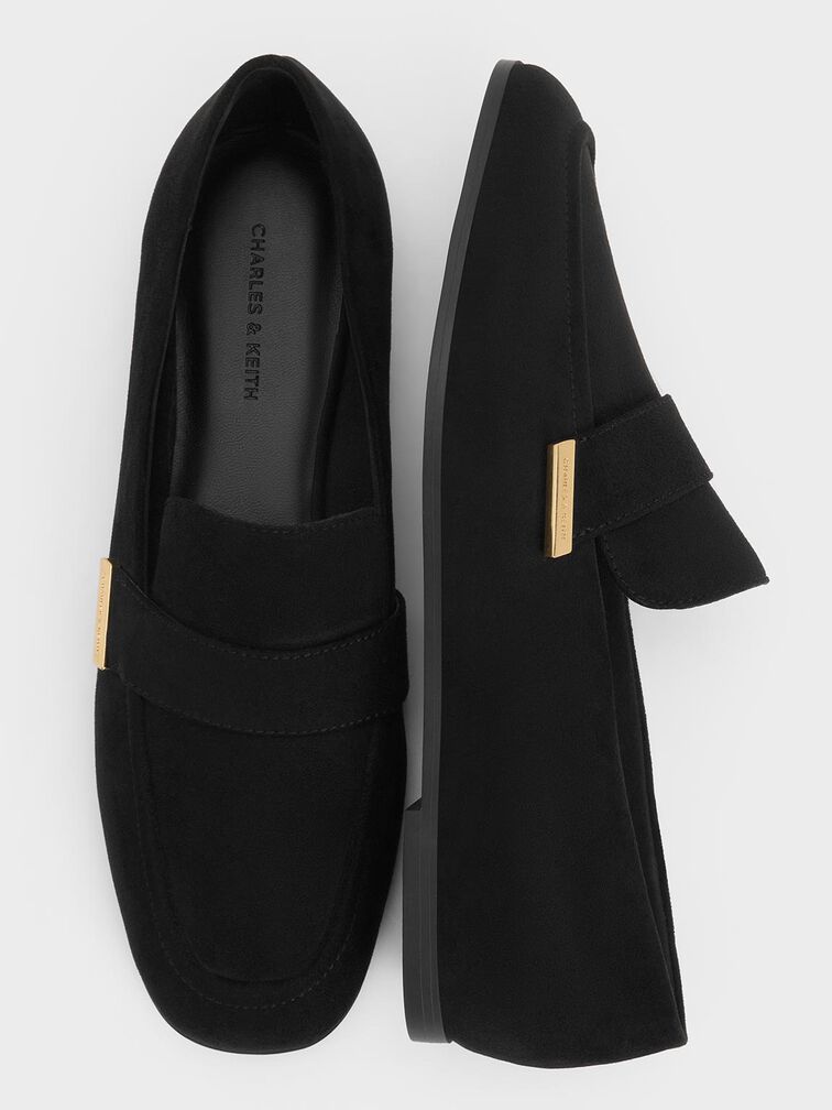 Faux Suede Almond-Toe Flat Loafers, Black Textured, hi-res