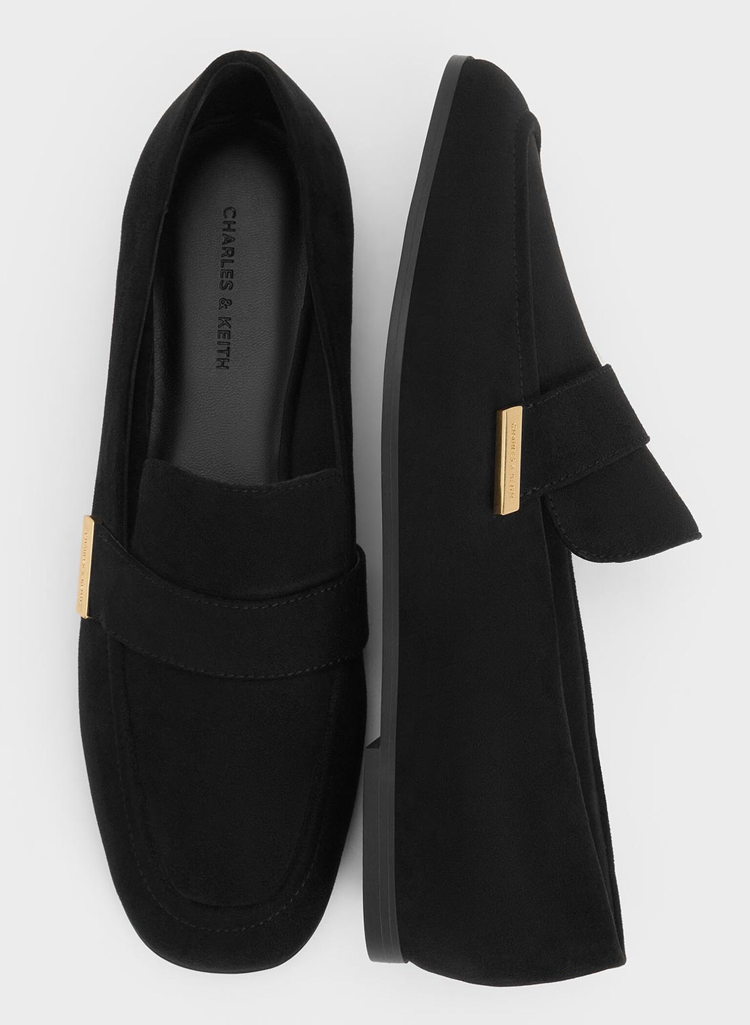 Faux Suede Almond-Toe Flat Loafers, Black Textured, hi-res