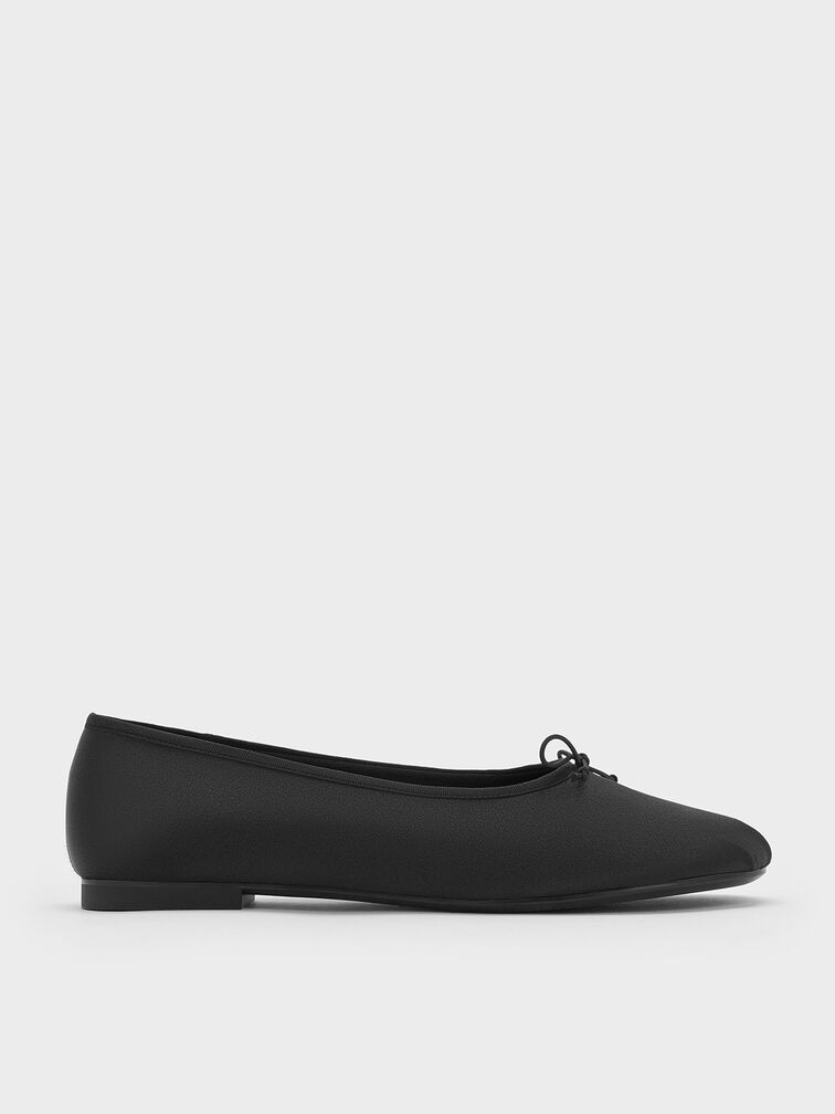 Satin Bow Ballet Flats, Black Textured, hi-res