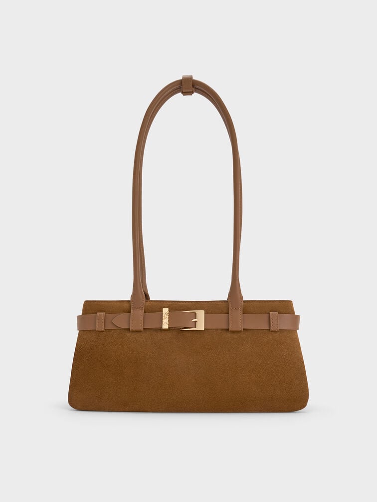Jody Suede Belted Shoulder Bag, Ember Brown, hi-res