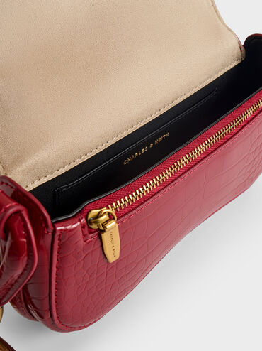 Mini Kora Croc-Effect Metallic-Accent Elongated Bag, Crimson, hi-res