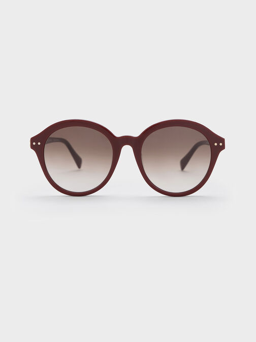 Recycled Acetate Round Cat-Eye Sunglasses, Burgundy, hi-res