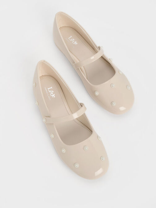 Girls' Patent Flower-Beaded Mary Janes, Cream, hi-res