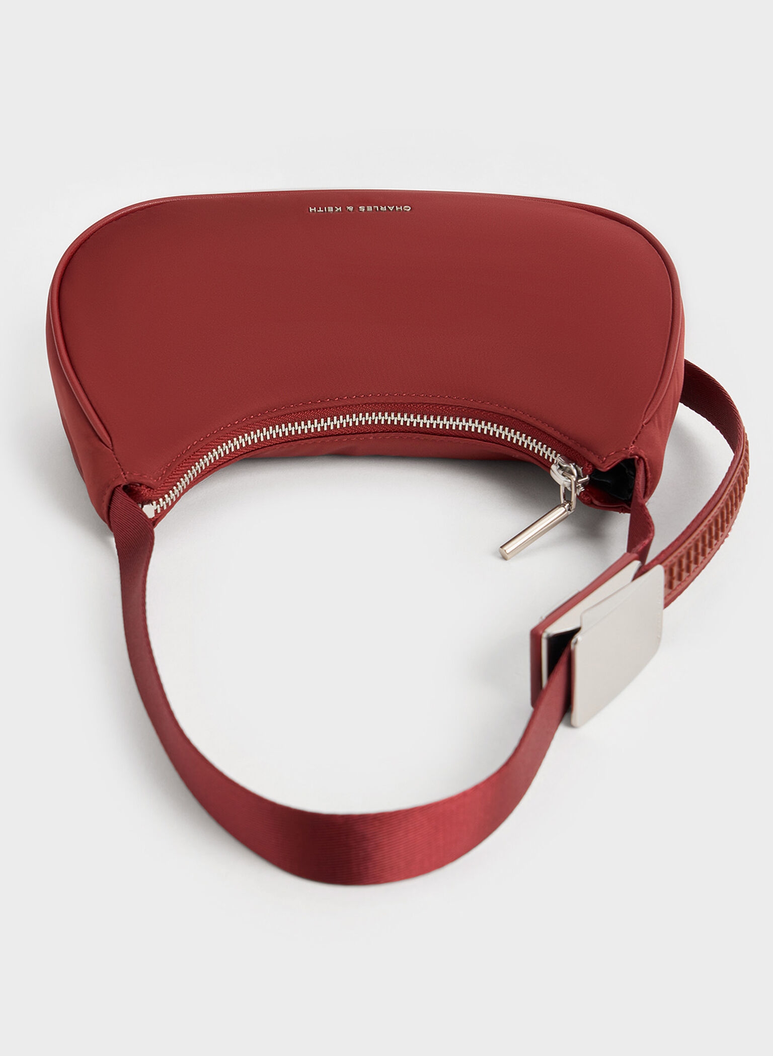 Nylon Curved Metallic-Accent Shoulder Bag, Red, hi-res