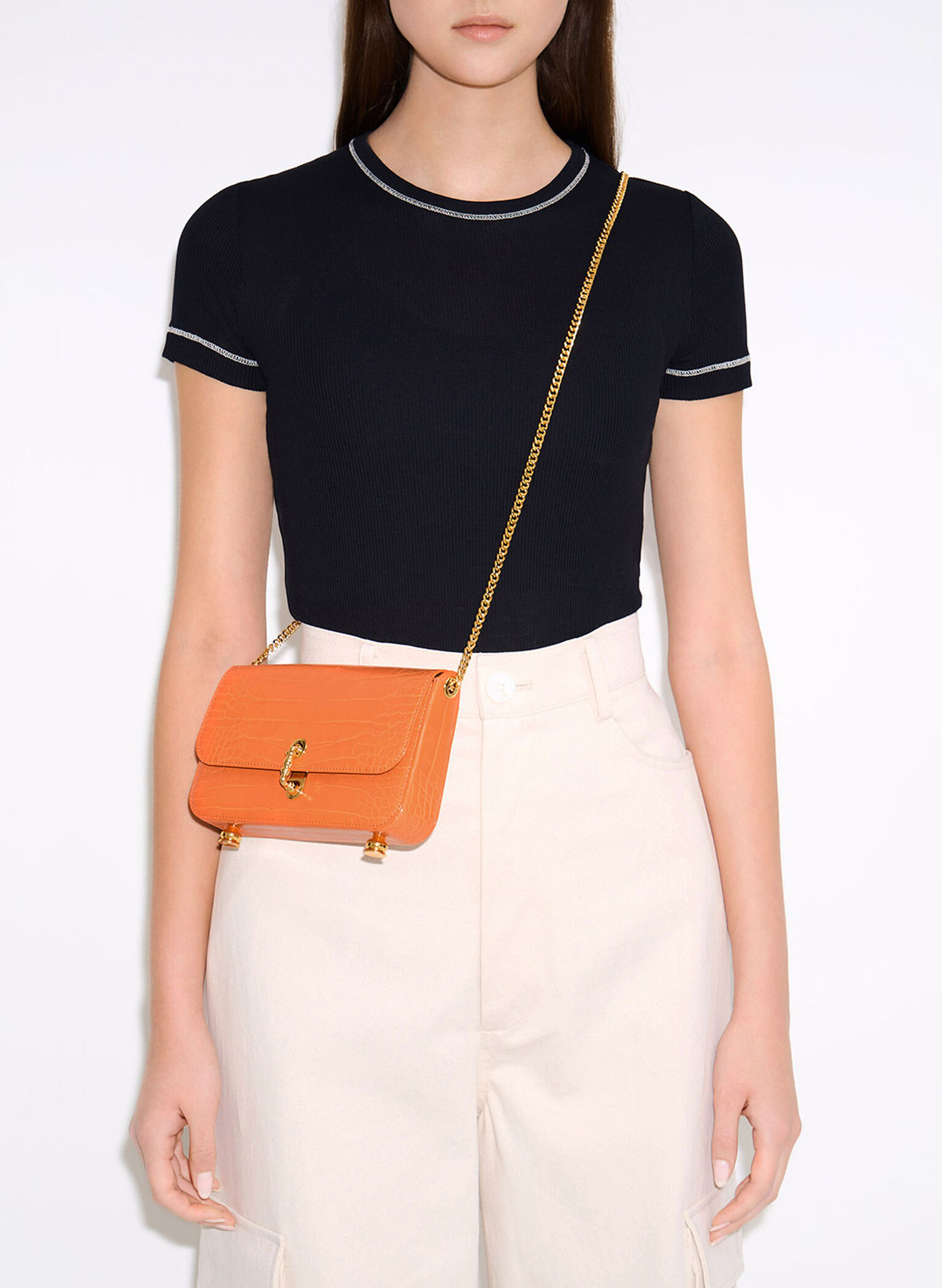 Meriah Croc-Embossed Clutch, Orange, hi-res
