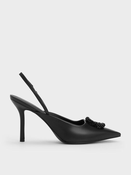 Beaded Circle Slingback Pumps, Black, hi-res