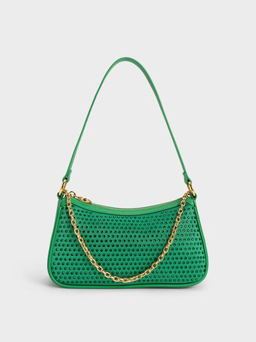 Crystal-Embellished Satin Shoulder Bag, Green, hi-res