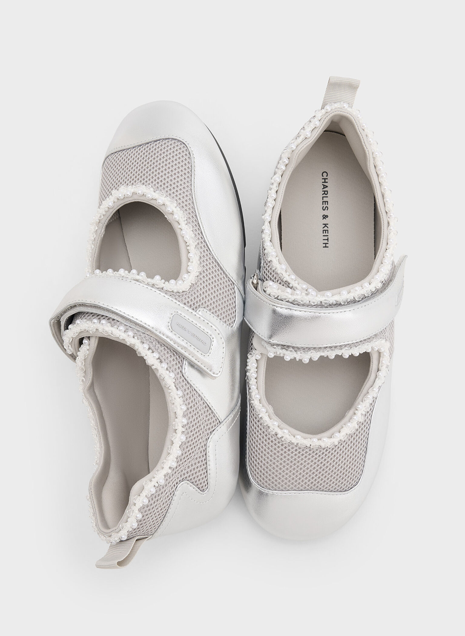 Metallic Mesh Pearl-Embellished Mary Jane Sneakers, Silver, hi-res