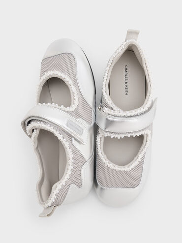 Metallic Mesh Pearl-Embellished Mary Jane Sneakers, Silver, hi-res