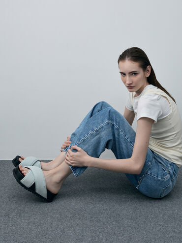 Denim Crossover-Strap Flatform Sandals, Light Blue, hi-res