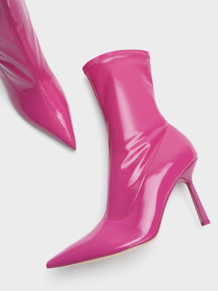 Patent Crinkle-Effect Pointed-Toe Stiletto Heel Ankle Boots, Fuchsia, hi-res