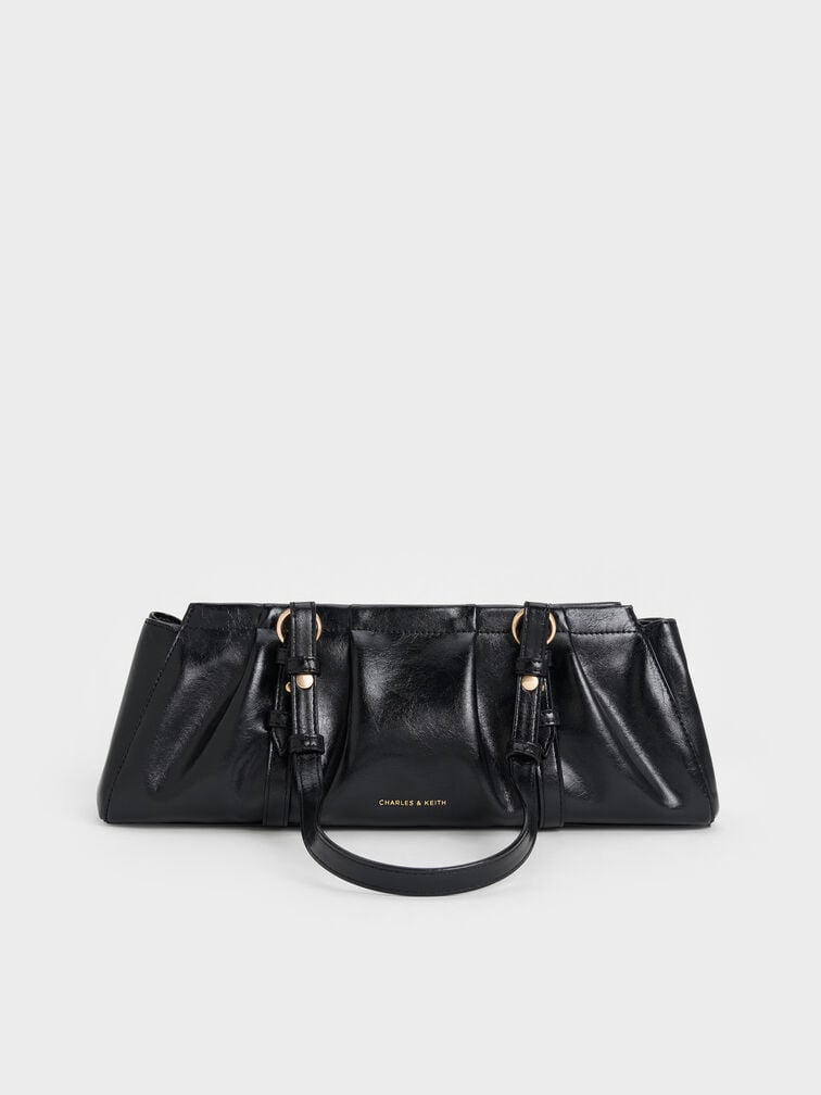 Britton Ruched Elongated Shoulder Bag, Black, hi-res