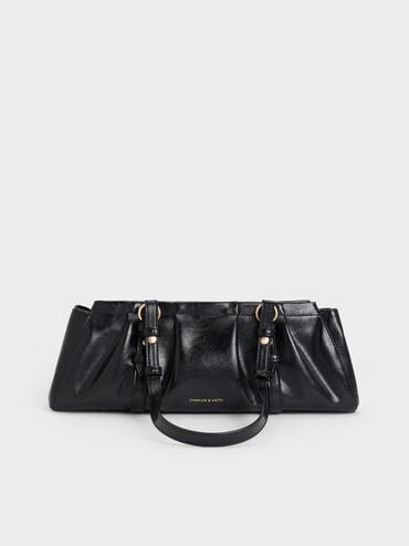 Britton Ruched Elongated Shoulder Bag, Black, hi-res