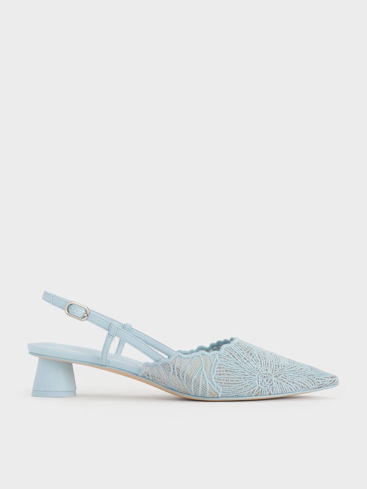 Crochet Floral Pointed-Toe Slingback Pumps, Blue, hi-res