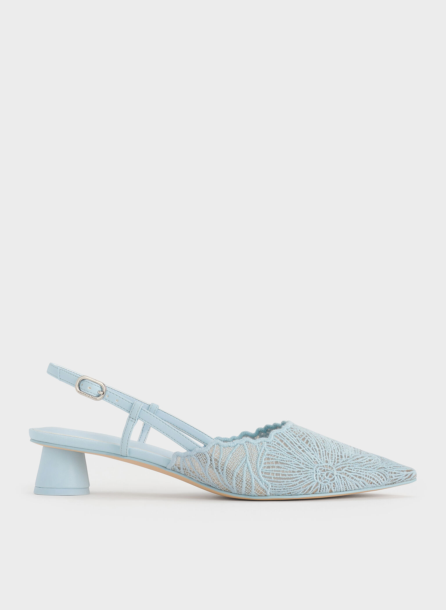 Crochet Floral Pointed-Toe Slingback Pumps, Blue, hi-res
