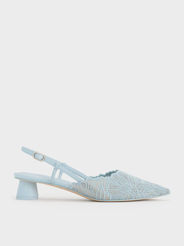 Crochet Floral Pointed-Toe Slingback Pumps, Blue, hi-res