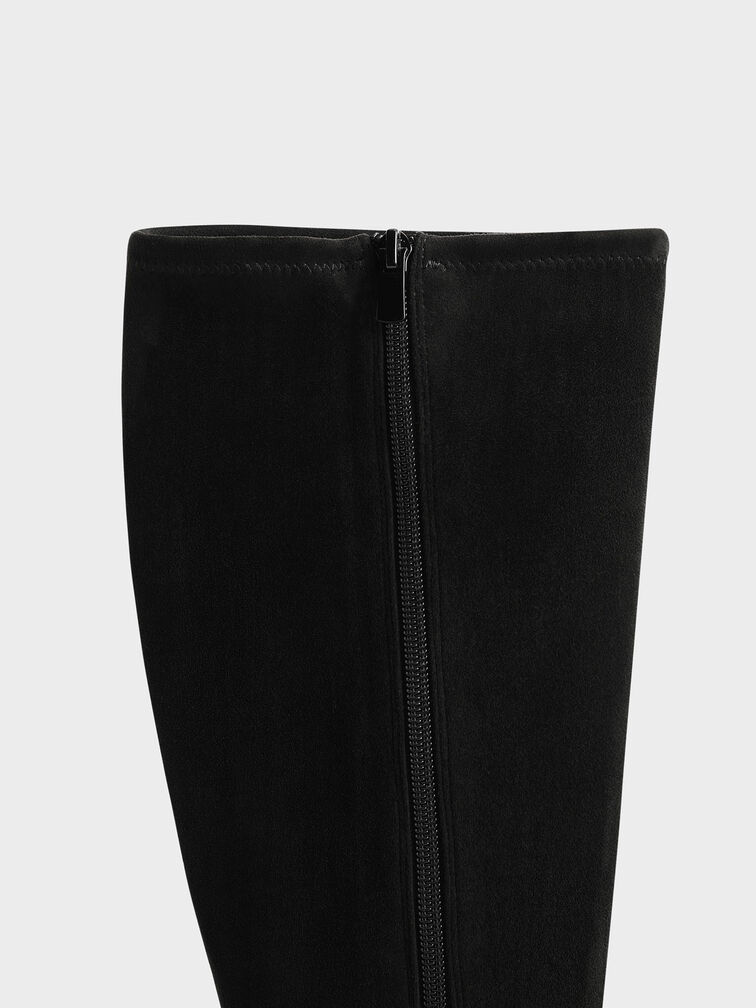 Sasky Faux Suede Knee High Flat Boots, Black Textured, hi-res