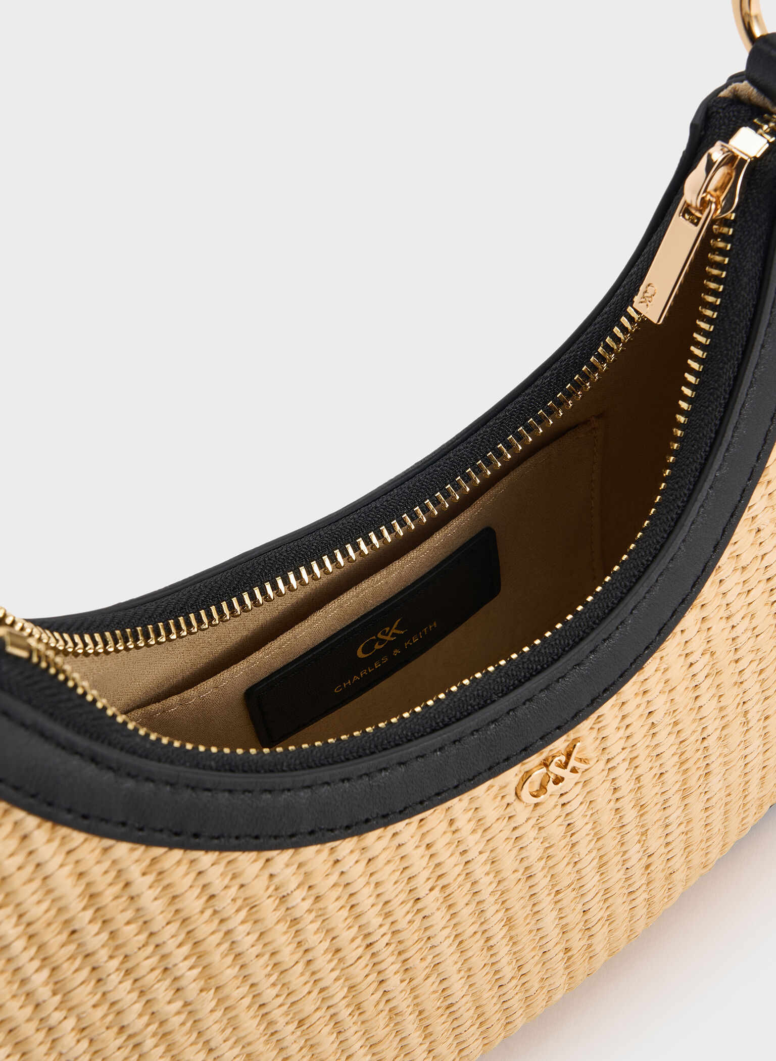 Leather & Raffia Crescent Hobo Bag, Neutral Raffia, hi-res