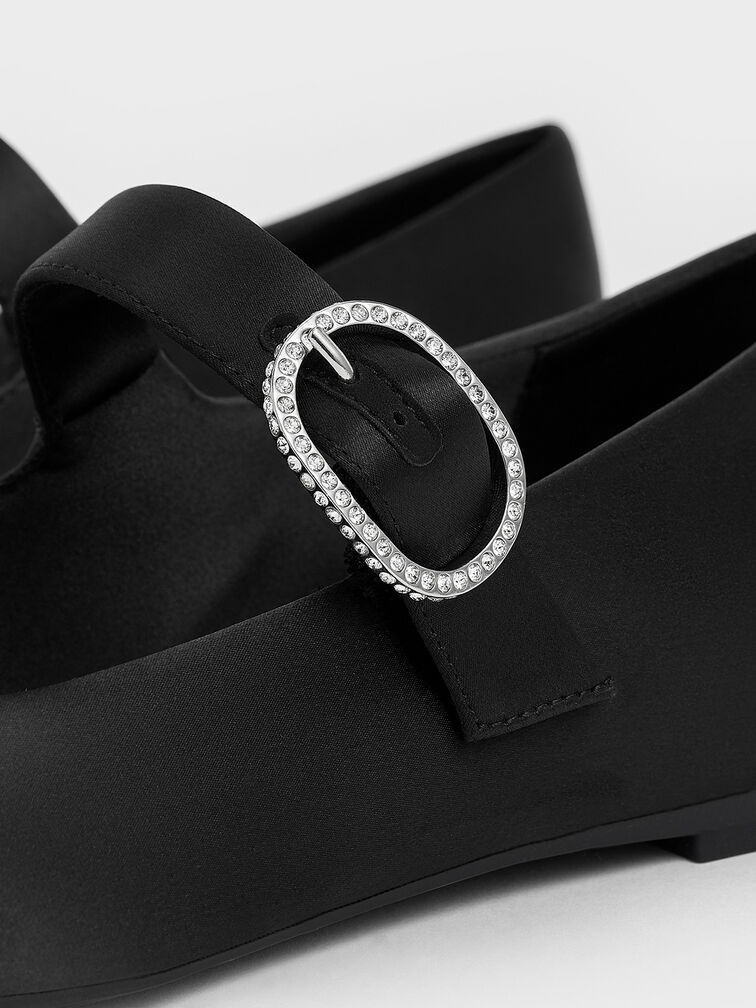 Jannie Satin Crystal-Buckle Mary Janes, Black Textured, hi-res