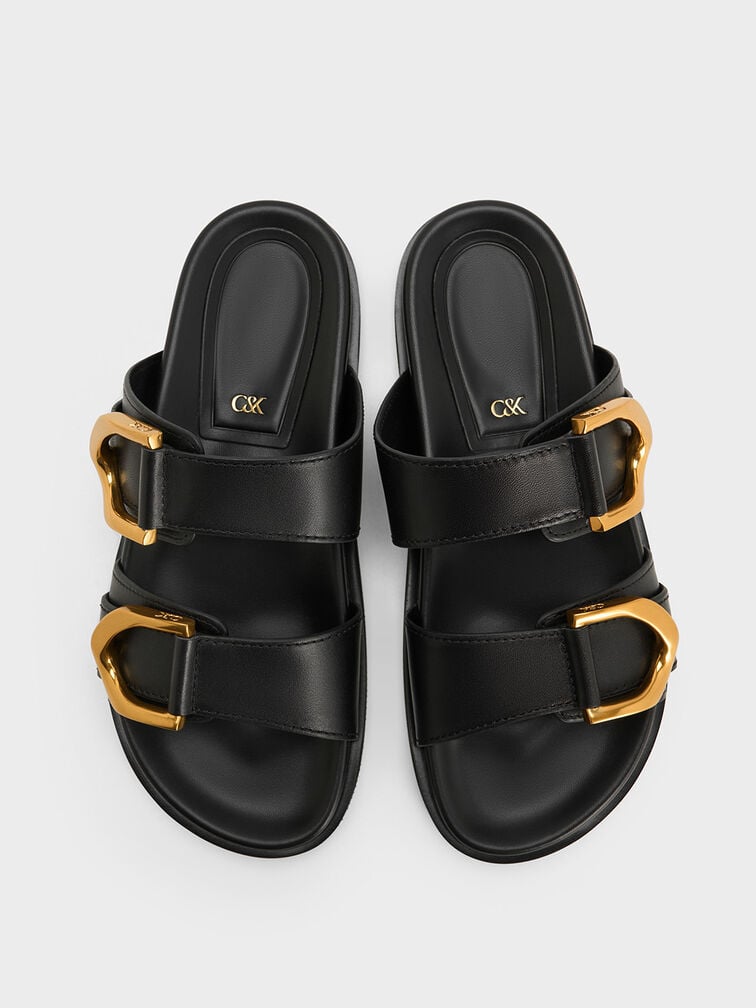 Gabine Buckled Leather Slides, Black, hi-res