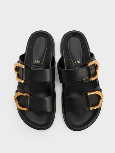 Gabine Buckled Leather Slides, Black, hi-res