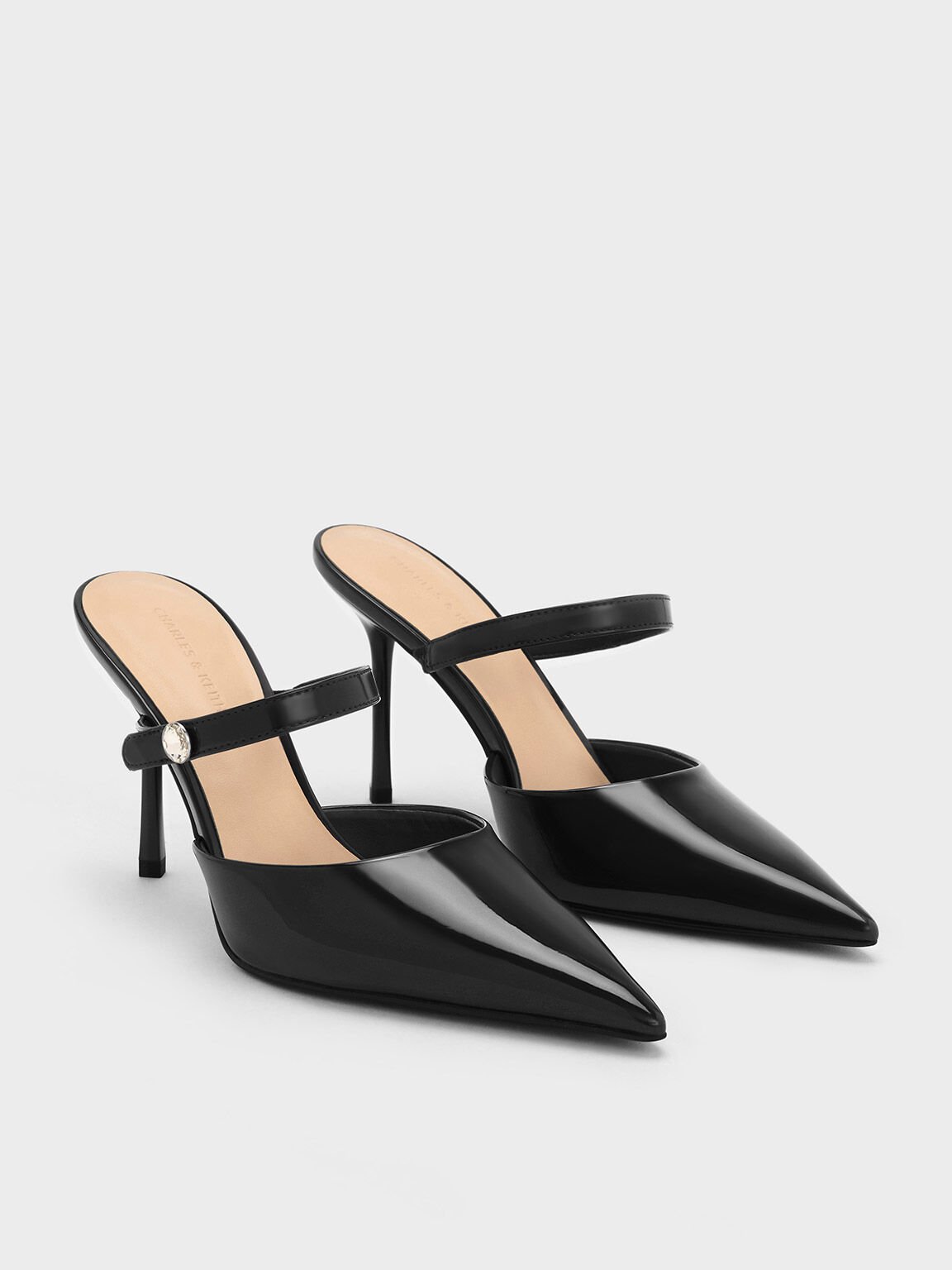 Patent Crystal Accent Stiletto Heel Mules Black Patent