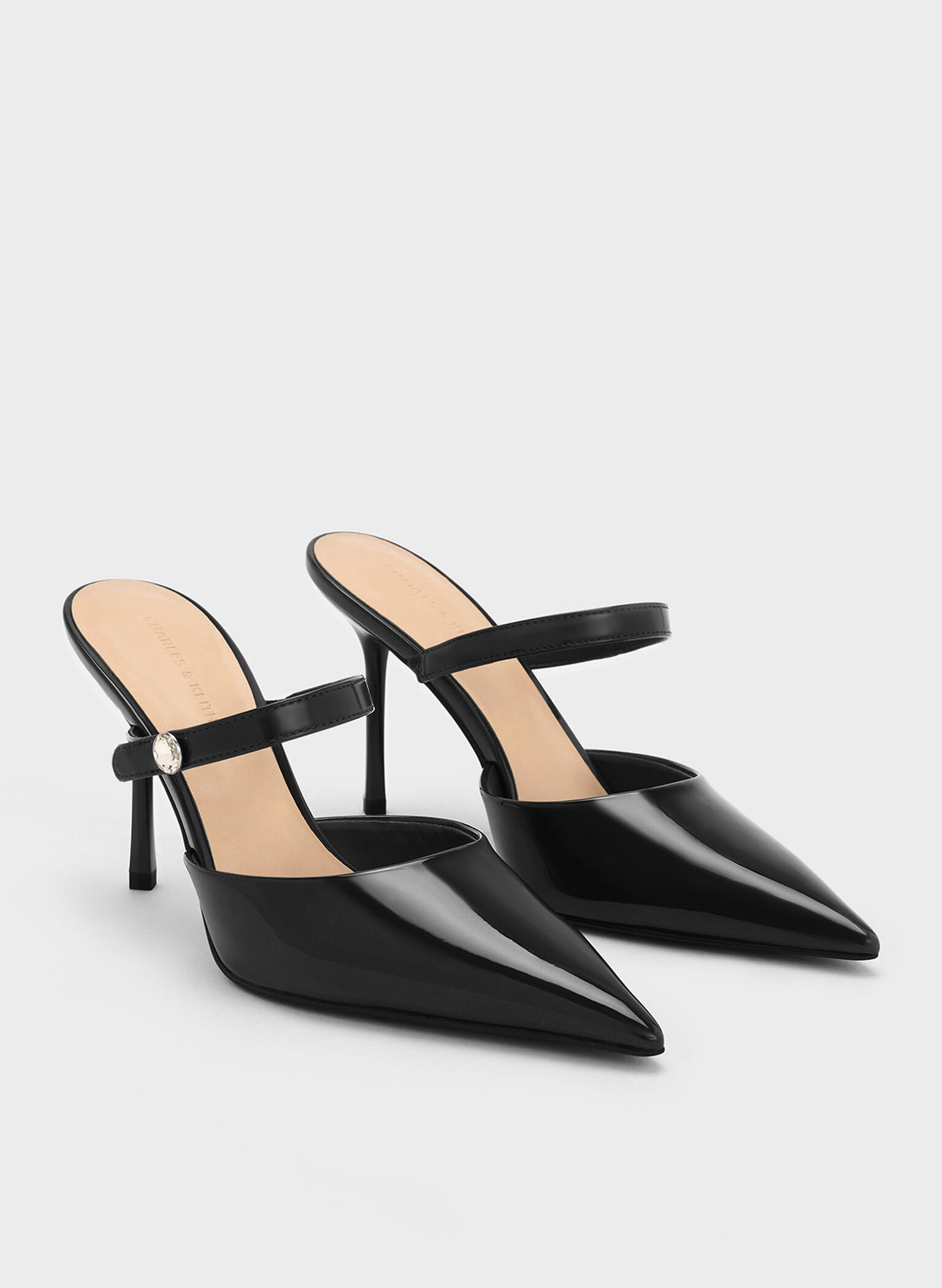 Patent Crystal-Accent Stiletto-Heel Mules, Black Patent, hi-res