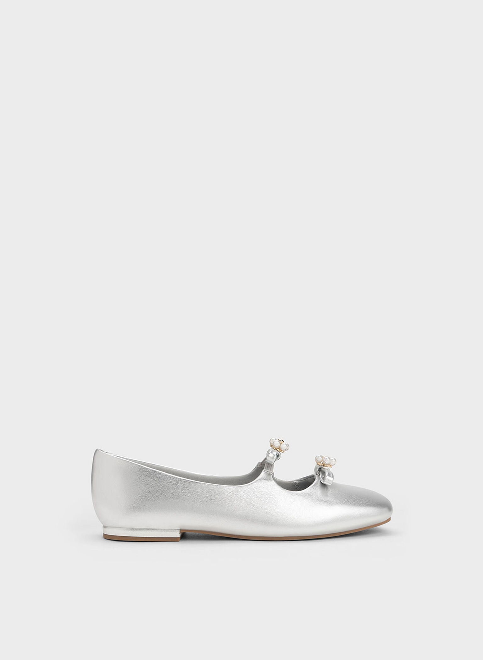 Girls' Floral Beaded Metallic Ballerinas, Silver, hi-res