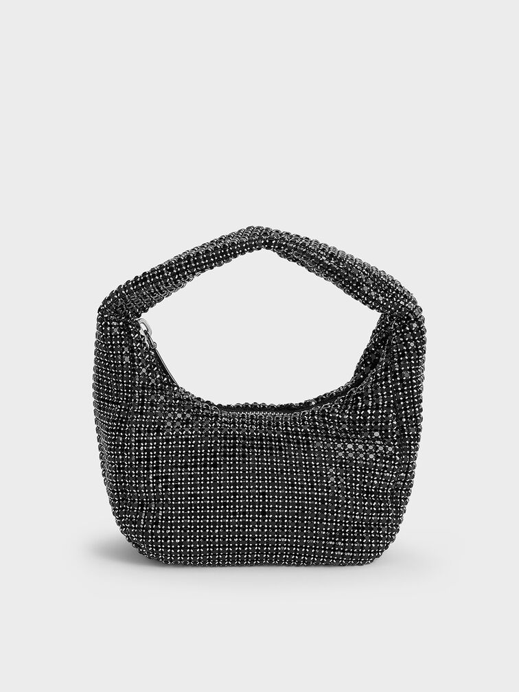 Crystal-Embellished Hobo Bag, Noir, hi-res